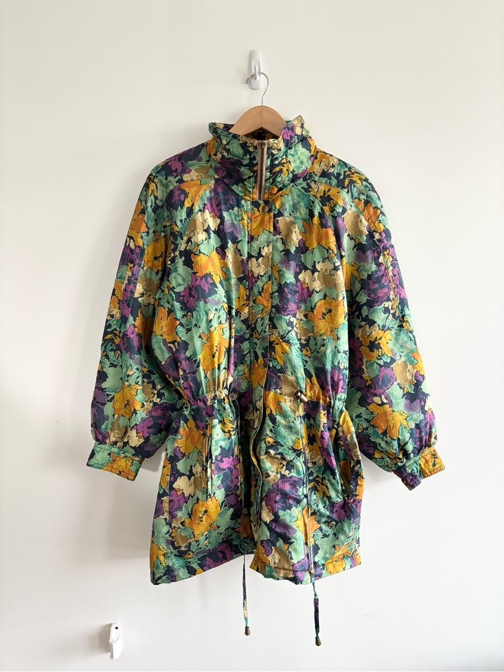 Vintage 100% Silk Rare Floral Utility Anorak Jacket in Green, Yellow & Purple - Picture 3 of 16
